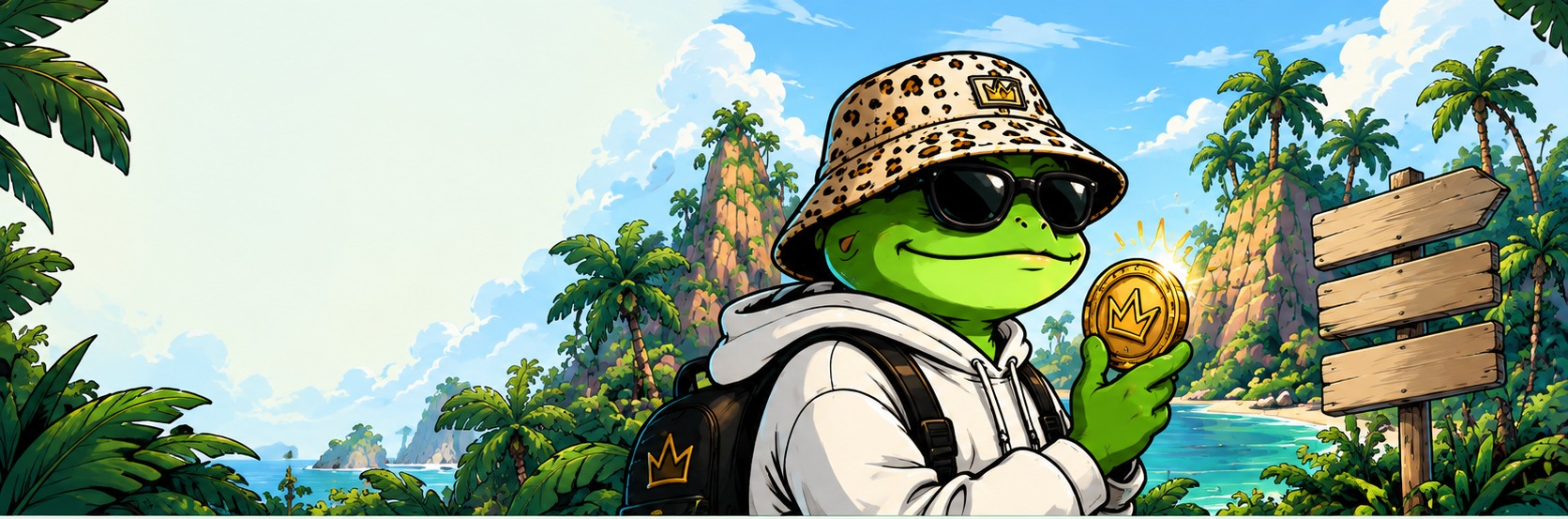 Tapa the frog holding the golden crown coin on a tropical island